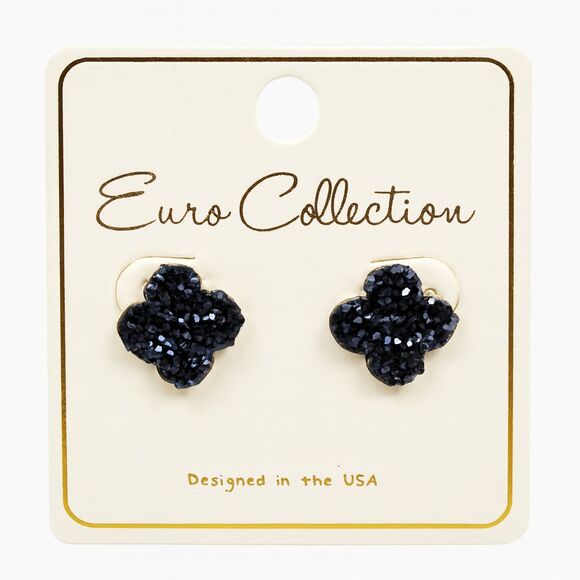 Euro Collection Four-Leaf Clover Stud Earrings Black Rhinestone Gold Tone Metal - Picture 1 of 11